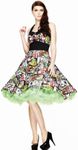 Sexy Dress Swinging Halter 50s Rockabilly Narrow Waist Hell Bunny B-Movie Colorful Print Movie Poster - S