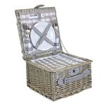 2 Person Grey Checked Fitted Wicker Willow Picnic Hamper Basket with Cooler Cutlery Plates