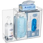 Heyrelda Face Mask Dispenser 3 Compartment Acrylic Glove Box Holder Hygiene Station for Disposable Face Masks, Emesis Bag, Shoe Cover and Hairnet, Wall Mount Holes or Tabletop Holder （Clear）