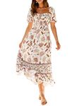 ZESICA Women's 2024 Summer Boho Floral Print Square Neck Ruffle Swing Beach Long Maxi Dress, Ivory, X-Large