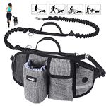 Pecute Hands Free Dog Running Leads with Wide Back Support Waist Bag,Adjustable Dog Walking Belt with Multi Pouch & Poo Bag Holder,Durable 2 Handles & Bungees Reflective Jogging Lead,Up to 60KG(Grey)