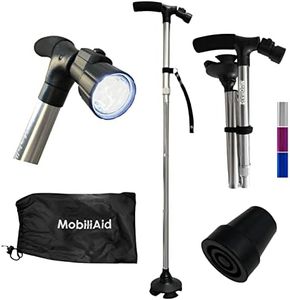 MobiliAid Smart Walking Stick with LED Light, Freestanding Collapsible & Foldable Walking Cane, Height Adjustable & Lightweight Elderly Aid or Mobility Aid, with Free Extra Cane Tip and Carry-On Bag