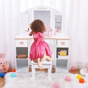 EGFheal Kids Vanity Set with Mirror and Drawer - Girls' Vanity Table and Chair Set with Wood Makeup Playset, Perfect for 3-9 Yr, White