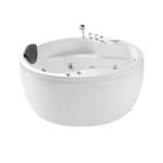 Empava 59'' Acrylic Freestanding Whirlpool Bathtub Hydromassage Round Jetted Soaking Tub with Right Side Drain and Waterfall Faucet, White