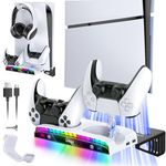 RGB Wall Mount for PS5 Slim/PS5 Game Console with Charging Station - Stable Metal Stand with Controller Charger(15 RGB Lights) and Headset Holder & 3 USB Hubs for PlayStation 5 Slim Disc & Digital