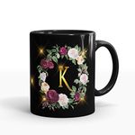 Gift Arcadia Ceramic Alphabet K Letter Flower Coffee Mug - 1 Piece, Black, 330ml (A172)