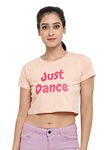 The Dance Bible Women Printed Cotton Crop Top for Dance, Fitness, Yoga, (Just Dance, Peach, Small)