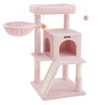 Feandrea Cat Tree, Small Cat Tower with Widened Perch for Large Cats Indoor, Kittens, 37.8-Inch Multi-Level Cat Condo, Scratching Posts and Ramp, 2-Door Cat Cave, Cat Basket, Jelly Pink UPCT051P01