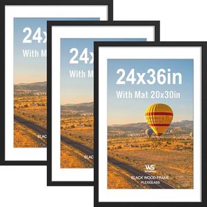 Wisesun 24x36 Poster Frame Black - 3 Pack, Solid Wood Frame, with Shatter-Resistant Plexiglass, Displays 20x30 or 24 x 36 Picture, for Wall in Living Room, Bedroom, Office, Gallery