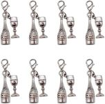 WAY DENG 10 pcs Retro Alloy Silver Wine Bottle and Goblet Charm Alcohol Pendant with Lobster Claw Clasp Bracelet Keychain Dangle Hanging Decor 40 mm