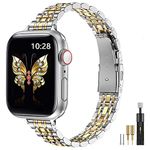 MioHHR Slim Straps Compatible with Apple Watch Strap 38mm 40mm 41mm,Thin Stainless Steel Metal Chain Band for Women iWatch Straps Series 8 7 6 5 4 3 2 1 SE,Silver/Gold