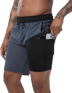 difficort Mens Swim Trunks 9" Quick Dry Bathing Suit Board Shorts with Compression Liner and Zipper Pocket,Black & Grey,2X-Large