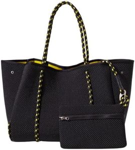 POPUPS Large Neoprene Tote Bag for Women - Everyday Designer Handbag for Travel Work and Beach with Pockets and Zipper Pouch (Dotted Black Yellow)