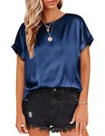 Beyove Womens Basic Casual T Shirt Crewneck Short Sleeve Pullover Work Tops Satin Blouses Shirts Navy Blue XL