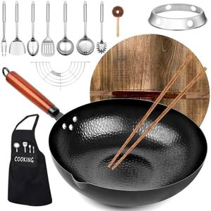 kaqinu Carbon Steel Wok Pan, 14 Piece Woks & Stir-Fry Pans Set with Wooden Lid & Cookwares, No Chemical Coated Flat Bottom Chinese Woks Pan for Induction, Electric, Gas, Halogen All Stoves - 12.6''