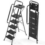 KINGRACK 5 Step Ladder with Handrails, Tool Tray Platform, Folding Step Stool with Anti-slip Wide Pedals, 800LBS Sturdy Steel Ladder for Adults, Portable Stepladder Home Kitchen Library Office, Black