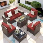 VONZOY 7 Piece Patio Furniture Set with Fire Pit Table, Outdoor Conversation Sets Wicker Rattan Sectional Sofa with Coffee Table, 4'' Thickened Cushion Wine Red (Include Waterproof Cover)