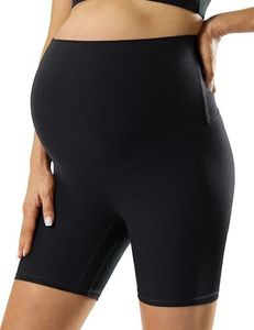 POSHDIVAH Ribbed Maternity Biker Shorts Over The Belly for Women - 5" Buttery Soft Pregnancy Workout Athletic Short Leggings, Black Small