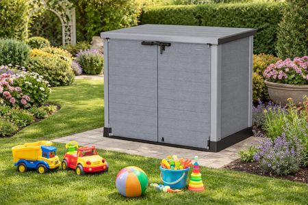 Duramax Cedargrain 1200L Plastic Garden Storage Shed – Grey, Flat Lid, Fits 2x 240L Bins, 145x85x125cm