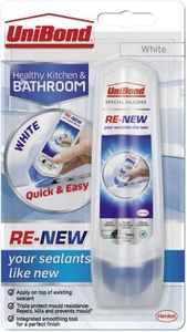 UniBond Re-New, White Silicone Sealant for Kitchen & Bath, One-Step Bathroom Sealant Renewal, Waterproof Bath Sealant with Triple Mould Resistance, 1 x 80ml