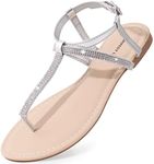 Womens Flat Dressy Sandals T Strap Rhinestones Sparkly Thong Ankle Strap Summer Gladiator Sandal Bling Silver Size 8