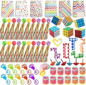 Piñata Jouets Set, 72 Pièces Petit Cadeau Anniversaire Enfants, Balle Rebondissantes avec Rubans De Couleur, Mains Collante, Ressort Jouets, Mini Cubes Magiques, Serpent Magique, Sac Cadeau, Toupies