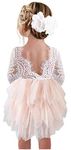 2Bunnies Girl Peony Lace Back A-Line Tiered Tutu Tulle Flower Girl Dress (Pink 3/4 Sleeve Short, 4T)