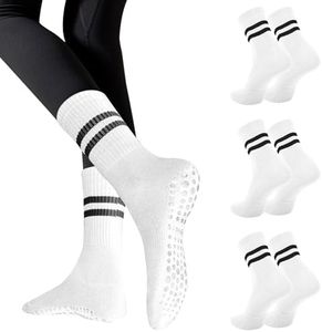 Risipu Calcetines de yoga antideslizantes para mujer, calcetines largos antideslizantes para yoga, barra, ballet, baile, entrenamiento descalzo, gimnasio, A 3 pares - Blanco, Talla única