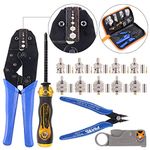 Swpeet 14Pcs Professional Crimping Tool Kit Ratcheting Wire Terminal Crimper Tool Kit with 1Pcs Cable Stripper and 10pcs 50 Ohm BNC Crimp Male/Straight Connectors for Coax Connectors