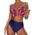 ZAFUL Women's Reversible Boho Whip Stitch Two Piece Tankini Bikini with High Waisted Bathing Suits(Multi-A M)