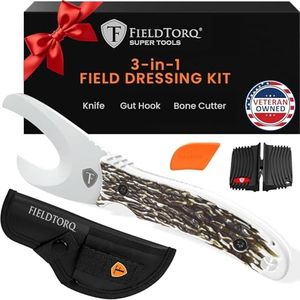 FieldTorq Field Dressing Kit | 3-in-1 Super Tool with Sheath & Sharpener | Skinning Knife for Hunting | Gut Hook | Deer Hunting Knife Set | Stag