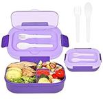 AUAUY Bento Lunch Box, 1300ml Lunch Box for Kids Adults, Leak Proof Bento Boxes with 4 Compartments & Spoon & Fork, Microwave/Dishwasher Safe, BPA-Free, Kids Lunch Box for School Kindergarten-Purple