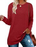 KISSMODA Womens Plain and Floral Drop Shoulder Sleeve Crewneck Tunic Sweatshirt with Side Slit and Cute Crossed Stitch Red L