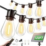 Torkase Solar String Lights Outdoor, 120FT 30+2 Shatterproof S14 LED Bulbs, Waterproof, USB Rechargeable, 2200K Warm White, Energy-Saving Hanging Patio Lights for Garden, Porch, Bistro, Deck, Market