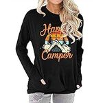 Fuyxxmer Happy Camper Sweatshirt Women Vintage Mountain Graphic Tee Long Sleeve Pullover Blouses Top Shirts with Pockets Black