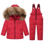 JiAmy Kids 2-Piece Snowsuit Set, Girls Winter Hooded Puffer Jacket & Snow Bib Pant, Boy Ski Suits Ultralight Outfit 1-7 Years, Red, 2-3T