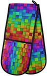 HMZXZ RXYY Double Oven Glove Abstract Rainbow Geometric Heat Resistant Quilted Cotton Kitchen Ove Mitts Long Oven Gloves for Cooking Baking Grilling Handling Hot Pots Pans