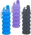 YCTMALL Collapsible Water Bottles Three Pack Travel Sports Portable Sport Water Bottle comes with mountaineering Buckle 500ml silicone Water-proof camping water bottle (Blue+Grey+Purple Color)