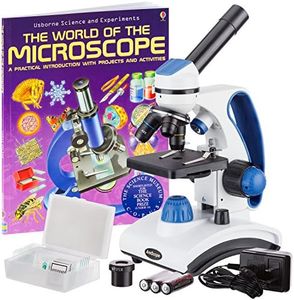 AmScope M162C-2L-PB10-WM"Awarded 2018 Best Students and Kids Microscope Kit" - 40X-1000X Dual Light All Metal Microscope with Slides and Microscope Book, Blue