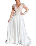 Women's V Neck Plus Size Illusion Chiffon Wedding Dresses for Bride Lace Long Sleeve, White, 18 Plus