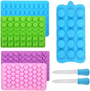 Alimat PluS Silicone Gummy Molds Candy Molds with 2 Droppers, Chocolate Molds Including Mini Dinosaur, Cat Claw, Hearts, Flowers, Bear Shape Gummie Molds, Pack of 5 for 210 Gummies