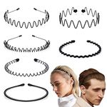 Metal Headband Mens Hair Band Non-Slip Sports Hair Hoop for Men Black Wavy Fashion Hair Band for Outdoor Weddings (6 PCS)