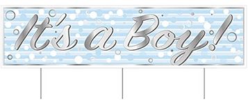 Beistle Plastic Jumbo It's A Boy Baby Shower Yard Sign with Stakes Outdoor Lawn Decorations, 11.75" x 47", Silver/Blue/White