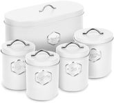 HEFTMAN White Kitchen Canister Set - Stylish 5 Piece Kitchen Storage Canister Set for Bread, Biscuits, Sugar Coffee Tea Storage Set Airtight, Labelled Containers White Kitchen Accessories (5 PCS)