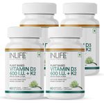 INLIFE Plant Based Vitamin D3 K2 Supplement for Bone Health & Immune Support, 600 IU - 60 Vegetarian Capsules (Pack of 4, 240)