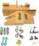 Kidsdream Skate Park Kit Ramp Parts for Finger Skateboard Ultimate Parks Training Props with 19 Pieces of Skateboards, Ramps, Skates, Scooters, Bikes and Caster Boards