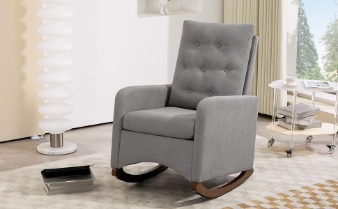 Upholstered Rocking Chair Accent Chair, Nursery Rocking Chairs in Teddy Fabric with High Backrest,Side Pocket and Rubber Wood Legs, Comfy Nursing Chair for Living Room