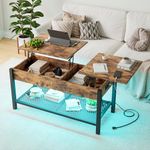 HOJINLINERO Lift Top Coffee Table with Storage Hidden Compartment,Farmhouse Coffee Table with LED Lights,Coffee Tables Living Room,2 Way Wood Coffee Table Lifting Top,Dining Table,Black & Rustic Brown