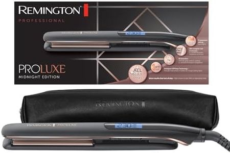 Remington Plancha de Pelo ProLuxe Midnight Edition, Tecnología OPTIHeat, Placas Flotantes Extralargas, Resultados Profesionales, Cerámica, 6 Temperaturas hasta 230°C, Ajuste Pro+, Digital, S9100B