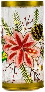 A Cheerful Giver- Golden Poinsettia Crackle Glass LED Pillar Candle - 4" W x 7.75" H - Winter Home Decor